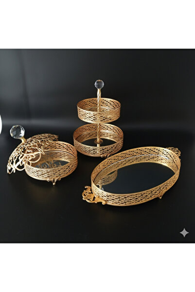 HİLALKRİSTAL Mirrored Tray - Layered Serving Tray - Set of 3 Sugar Bowls Gold...