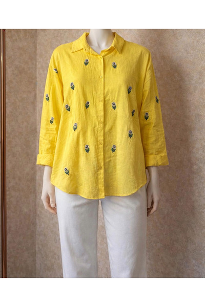 aleksandritbutik ALEKSANDRİT BUTİK NAKIŞ DETAY KADIN KETEN GÖMLEK