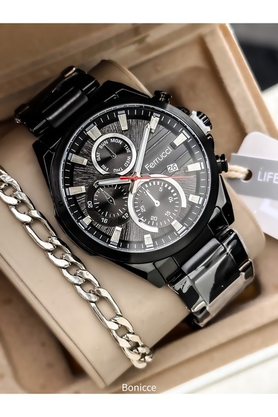 Ferrucci Siyah Renk Özel Tasarım Erkek Kol Saati+bileklik Hediyeli