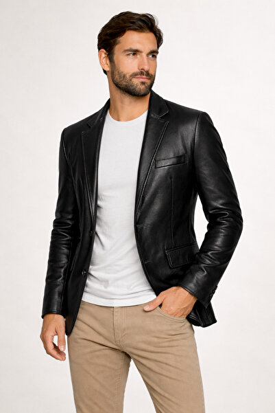 AsyaClub Derije Diego Genuine Leather Men's Black Blazer Jacket