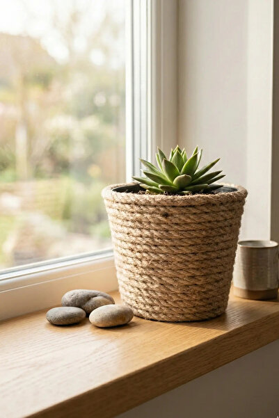 N NOXXO Dekoratif Halat Dekor 1 lt Plastik Saksı Hasır Jüt İp Saksı