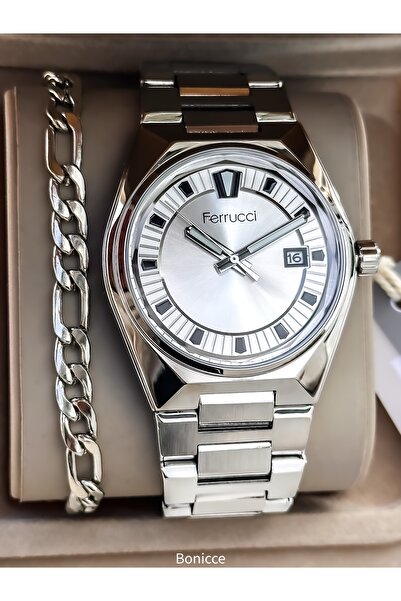 Ferrucci Marka Çelik Kordon Gümüş Sarı Renk Erkek Kol Saati + Tesbih Bileklik