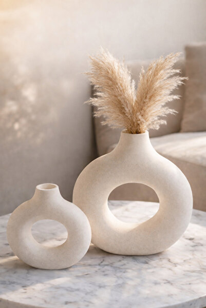 YASMELLA HOME Bohem Beyaz Dekoratif İkili Halka Vazo Set