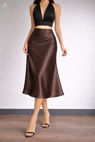 Kahra Collection Fusta din satin maro amar lungime midi