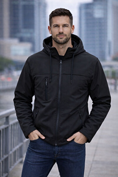 wera Siyah,Erkek,çıkarılabilir kapüşonlu, softshell yağmurluk ve rüzgarlık mont