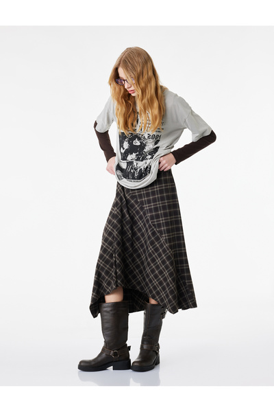 Koton Plaid Slit Detailed A-Line Long Skirt
