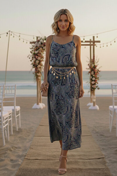 Lumora İP ASKILI ASTARLI ŞİFON MİDİ ELBİSE