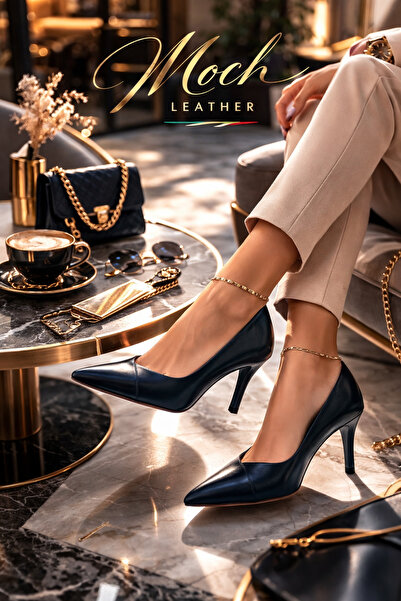 MOCHA %100 Hakiki Deri Kadın Protokol Mavisi Stiletto Topuklu Ayakkabı