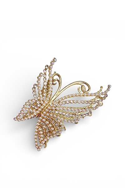 SHEKER HOME Μεγάλη μεταλλική πόρπη πεταλούδας με πέρλες και πέτρες - Χρυσή