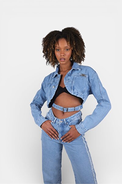 HOLLY LOLLY Crop Model Düğme Kapamalı Kemer Detaylı Biana Kot Ceket Mavi