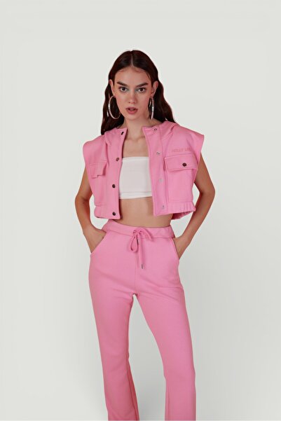 HOLLY LOLLY Kapişonlu Çıtçıt Kapamalı 3 Iplik Jura Yelek Pembe