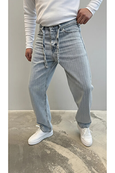 Wonraces Men's Ice Blue Baggy Washed Jeans with Drawstring Waist, Striped Pat...