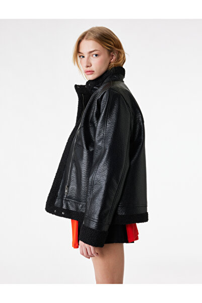 Koton Faux Leather Jacket with Plush Lining and Mock Neck Snap Buttons and Zi...