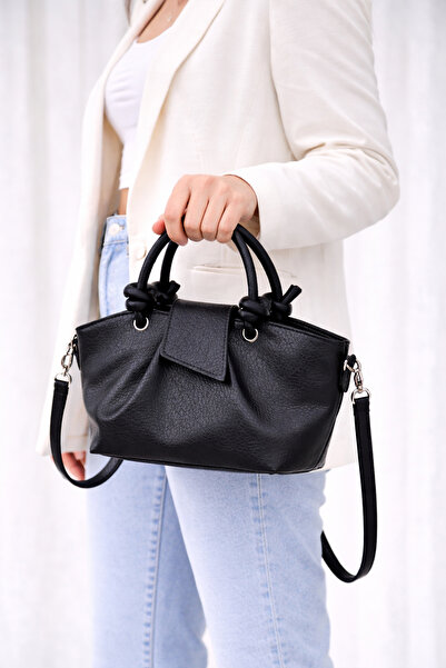 bahwar Kadın Siyah Mini El ve Omuz Çantası Düğümlü Sap Detaylı Fermuarlı Günl...