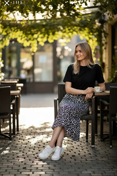 modayiğit Likralı leopar desenli örme kumaş etek