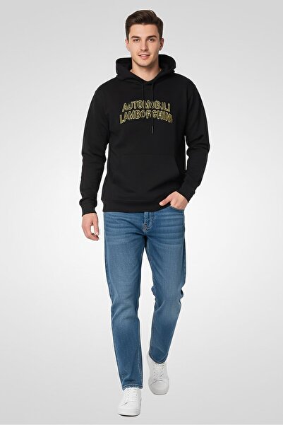 Lamborghini هودي رجالي بأكمام طويلة وشعار مطرز، أسود
