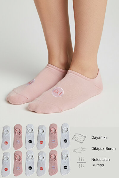 ALLUNIQUE Penye Pamuk 12'li Pembe Beyaz Görünmez Sneaker Çorap