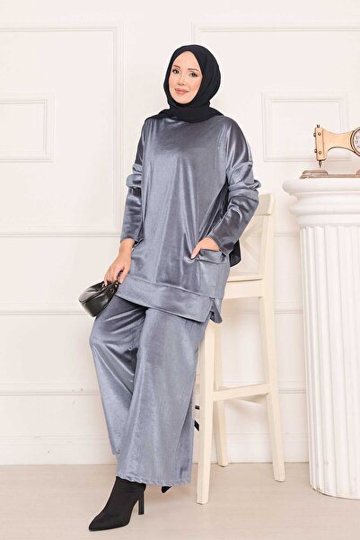 EBRUTESETTÜR Pocket Detailed Velvet Double Suit Gray