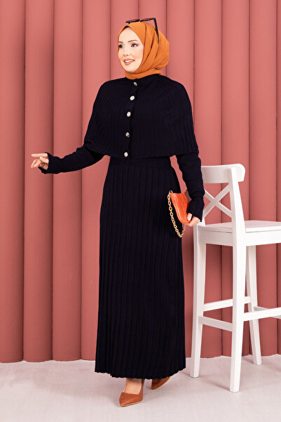 EBRUTESETTÜR Button Detailed Cape Knitwear Dress Set Navy Blue
