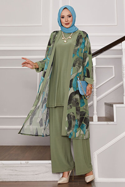 Mat Chiffon Kimono Detailed Triple Combination Oil Green