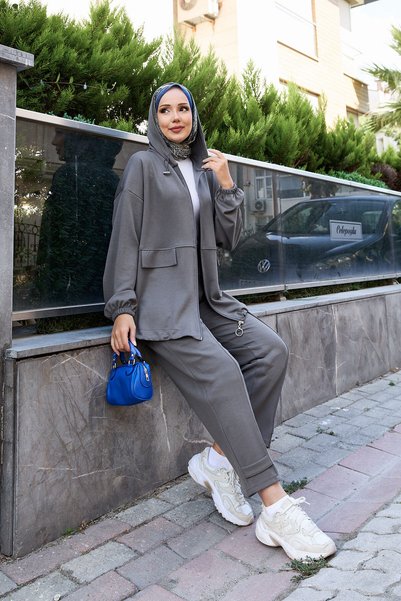 EBRUTESETTÜR Hooded and Zipper Detailed Double Suit Set Smoked