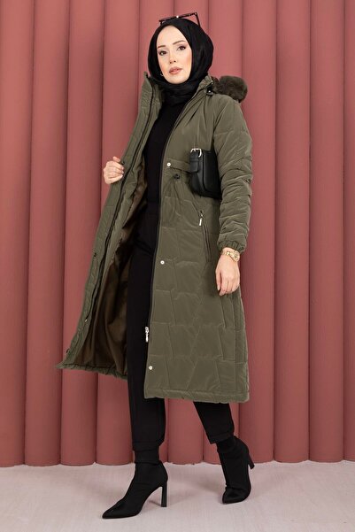 HSM معطف نوفا بسحاب وغطاء رأس من الفرو باللون الكاكي