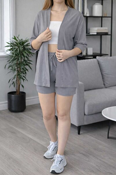 BRLKN Women's Wrinkled Kimono Shorts Top and Bottom Set