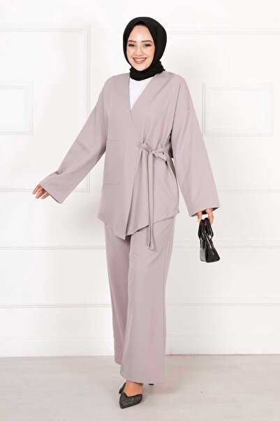 EBRUTESETTÜR طقم مكون من قطعتين بتفاصيل جيوب ورباط جانبي باللون الرمادي