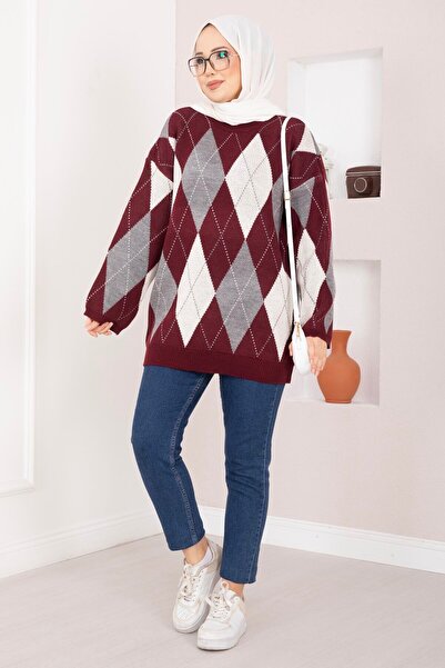 EBRUTESETTÜR Baklava Pattern Oversized Knitwear Sweater Claret Red