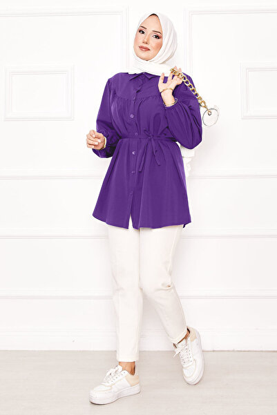 EBRUTESETTÜR Roba Büzgülü Beli Bağcıklı Tesettür Gömlek Mor