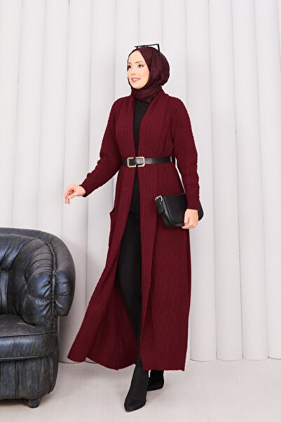 EBRUTESETTÜR Hair Knitted Shawl Collar Hijab Knitwear Cardigan Burgundy