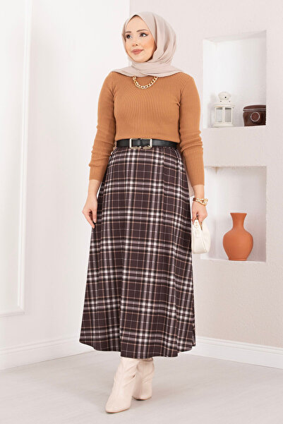 EBRUTESETTÜR تنورة سكوبا منقوشة مربعة باللون البني