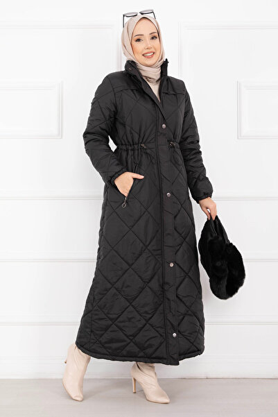 EBRUTESETTÜR Royal Quilted Fur Hooded Long Puffer Coat Black