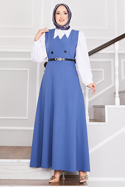 EBRUTESETTÜR جلباب نسائي بحزام وتفاصيل أزرار، لون نيلي