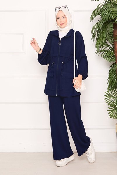 EBRUTESETTÜR Adjustable Waist Pocket Detail Modest Two-Piece Set Navy Blue