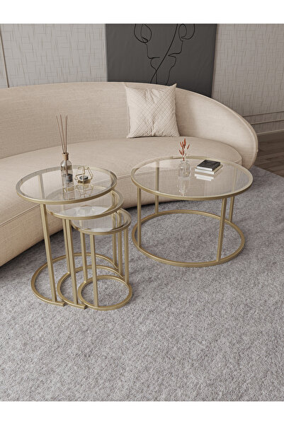 Dekoport Royal 75cm Zigon Ve Orta Sehpa Seti Mat Gold (ESKİTME) Metal - Tempe...