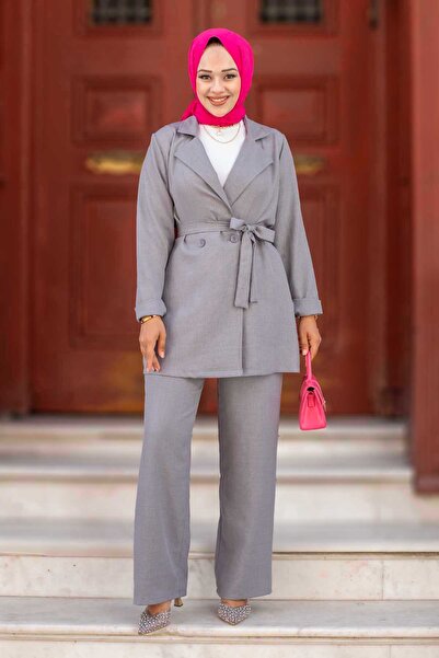 EBRUTESETTÜR Blazer Ceketli Tesettür İkili Takım Gri