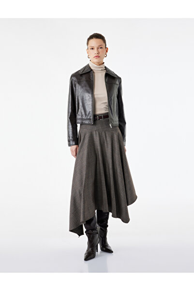 Koton Yüksek Bel Kemerli Kloş Asimetrik Kesim Midi Ekoseli Etek