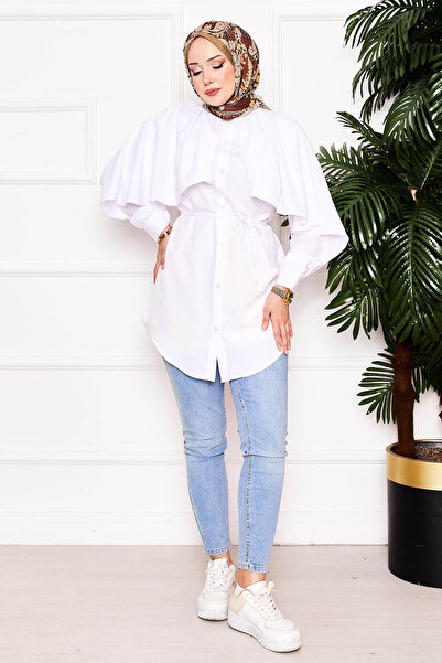 EBRUTESETTÜR قميص تونيك بياقة حكيم من التيري كوتون مع كاب وأربطة، لون إكرو