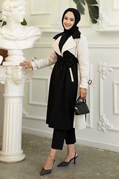 EBRUTESETTÜR Çift Renkli Düğme Detaylı Trenç Siyah