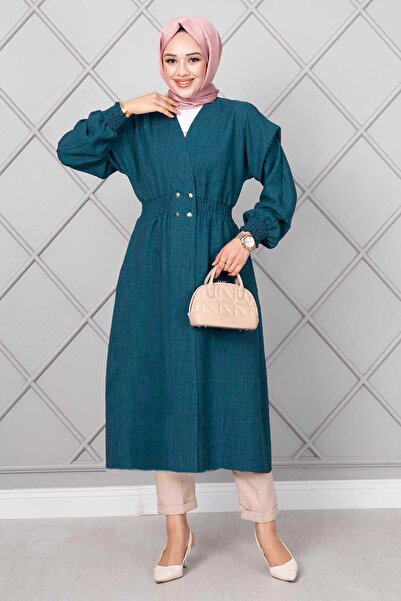 EBRUTESETTÜR قبعة تسيتير طويلة بحزام مطاطي عند الخصر باللون البترولي