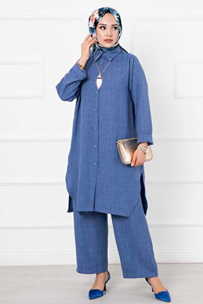 EBRUTESETTÜR طقم حجاب طويل من الكتان باللون النيلي