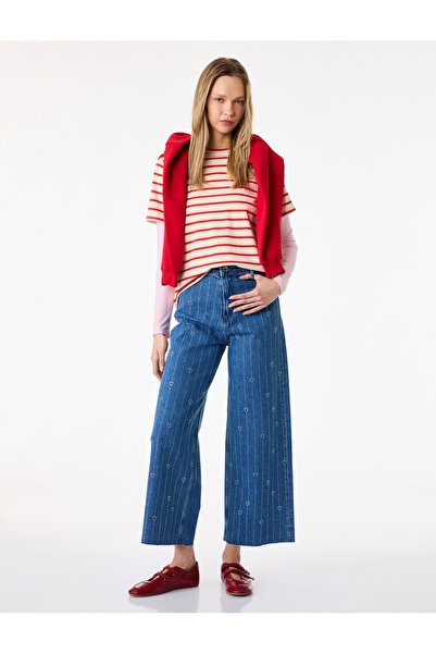 Koton Yüksek Bel Taş Detaylı Kalpli Kısa Geniş Paça Denim Pantolon - Culotte ...