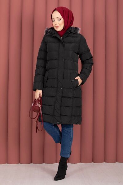 EBRUTESETTÜR معطف فرو قابل للنفخ مزود بتفاصيل بغطاء رأس زر أسود