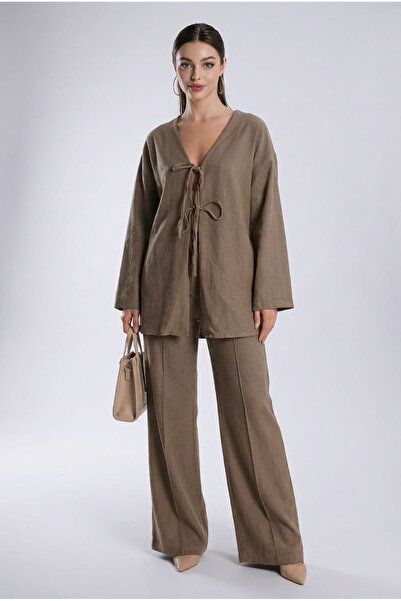 Madmext Khaki Front Tie Bottom Top Set Mg2423
