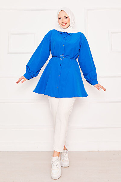 EBRUTESETTÜR Lace-Up Terikoton Shirt Tunic with Metal Heart Figure Cobalt