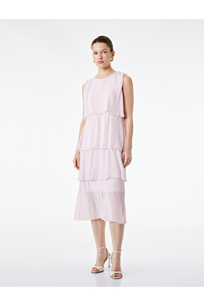 Koton فستان شيفون ميدي بدون أكمام بياقة دائرية وطبقات