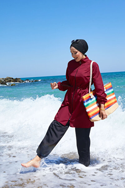 EBRUTESETTÜR Zipper Detailed Hijab Swimsuit Burgundy