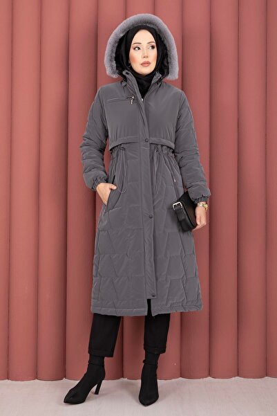 EBRUTESETTÜR Nova Coat with Fur Hood and Zipper Smoked
