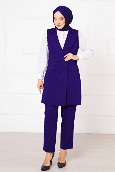 EBRUTESETTÜR طقم سترة طويلة بياقة منديل أزرق بلون الكوبالت